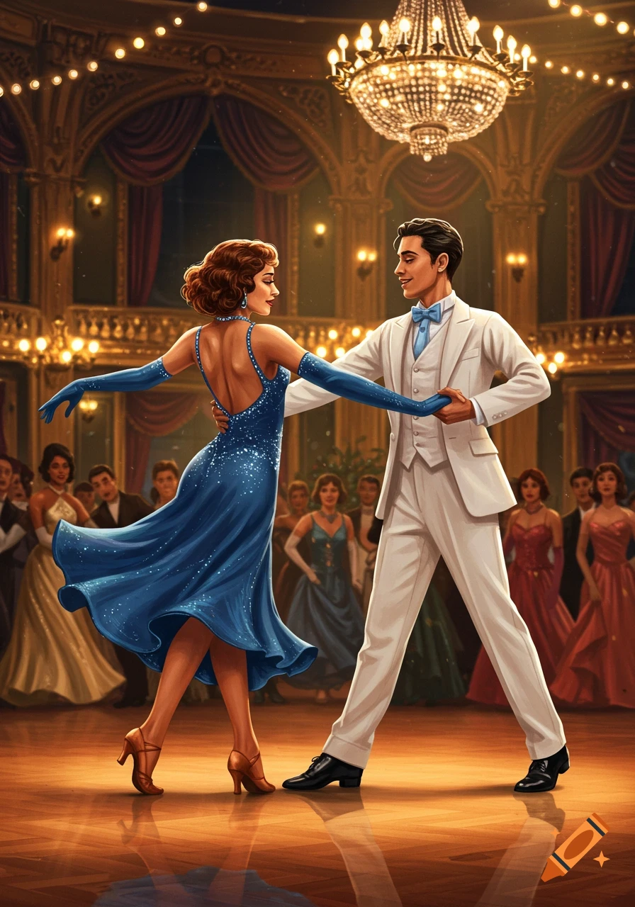 A couple in formal attire dances in a grand ballroom under a chandelier, with other elegantly dressed guests in the background.