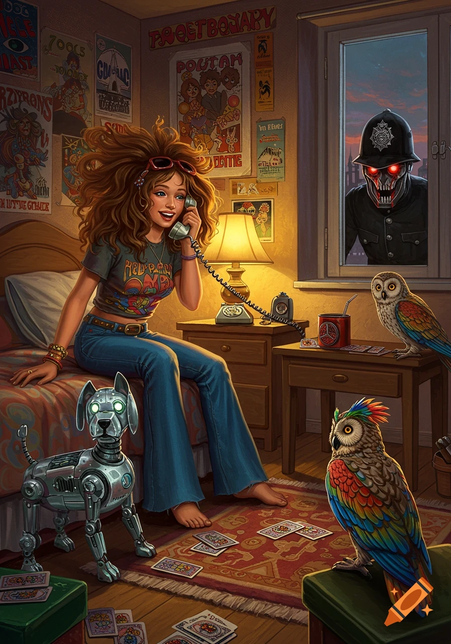 A smiling 1970s teenage girl on her bed talks on a landline phone. A robot dog and colorful owls are on the floor. A sinister robot policeman with glowing red eyes looks in through the window.