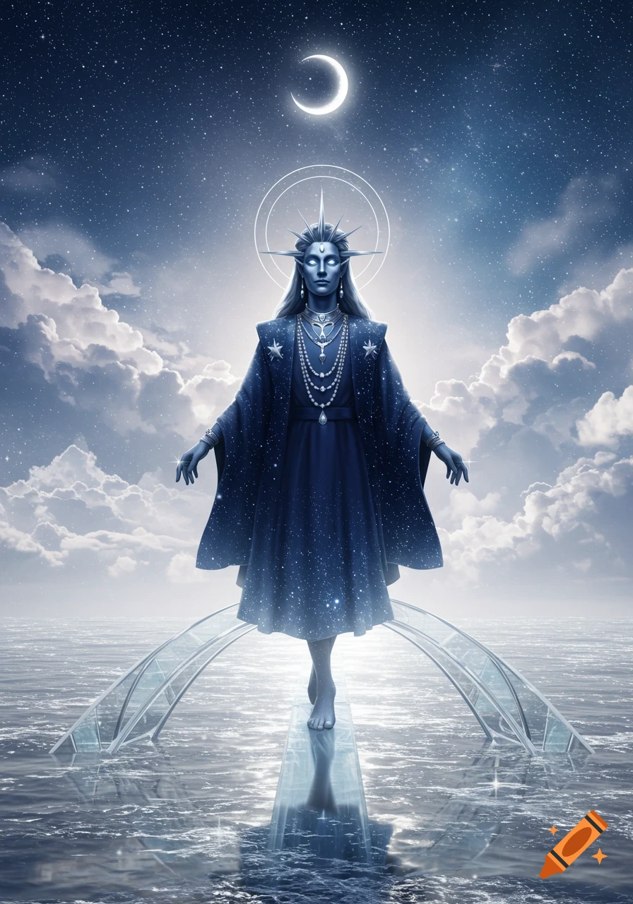 A stylized celestial figure with dark skin, pointed ears, and a star crown, wearing a dark blue starry robe and ornate jewelry, stands on a translucent path over water under a starry night sky with a crescent moon and clouds.