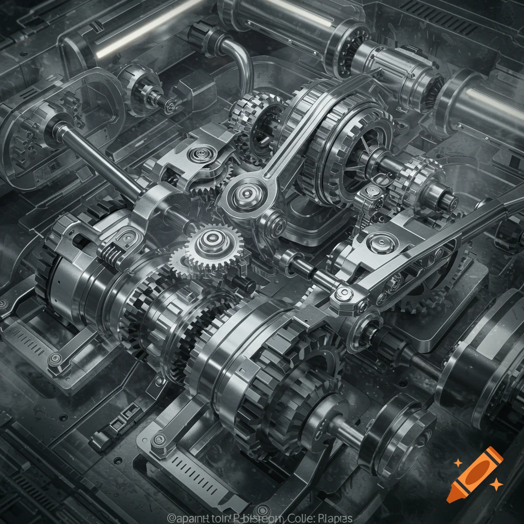 A detailed, photorealistic close-up of an intricate metallic mechanical ...