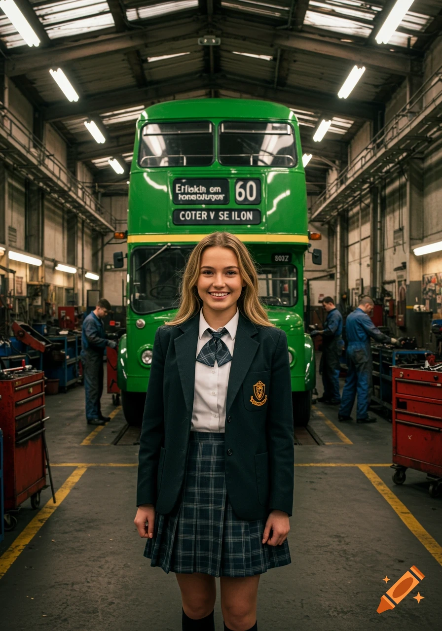 A smiling girl in a college uniform stands in a photorealistic vintage bus garage with a green double-decker bus in the background.