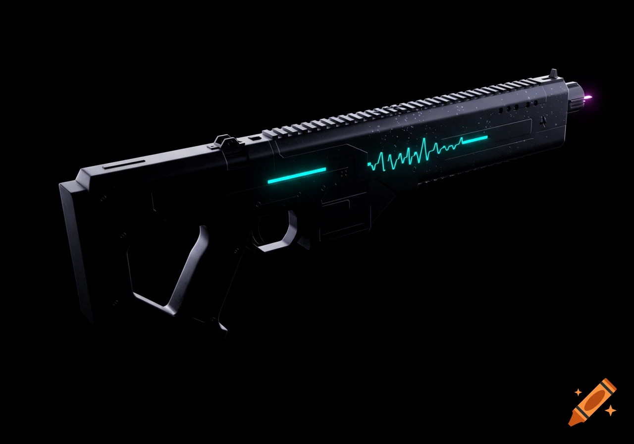 A sleek, jet black futuristic rifle with glowing cyan details and a magenta muzzle glow against a dark background.