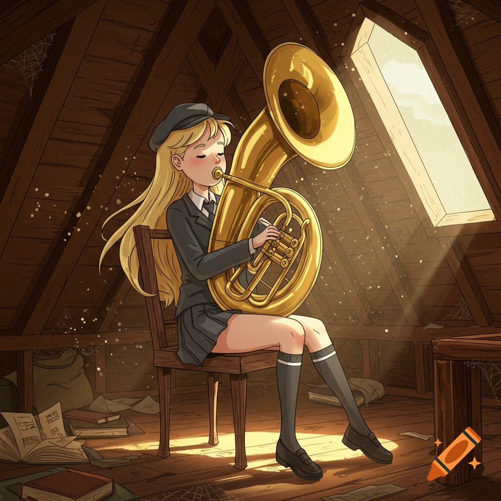 A blonde anime girl in a school uniform plays a golden tuba while sitting on a chair in a dusty attic, with light streaming from a window.
