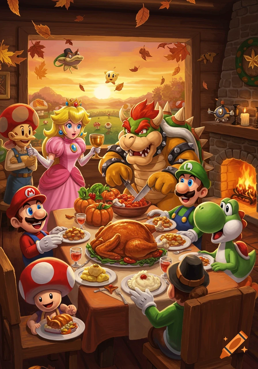 Mario characters, including Mario, Luigi, Princess Peach, and Bowser, celebrate Thanksgiving dinner in a cozy, illustrated autumn scene.