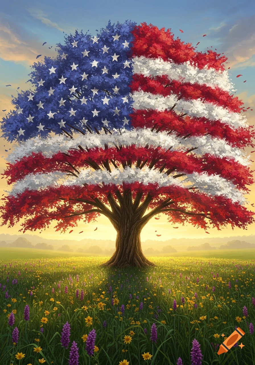 A large tree with its canopy shaped and colored like the American flag, standing in a vibrant green and yellow field under a blue sky.