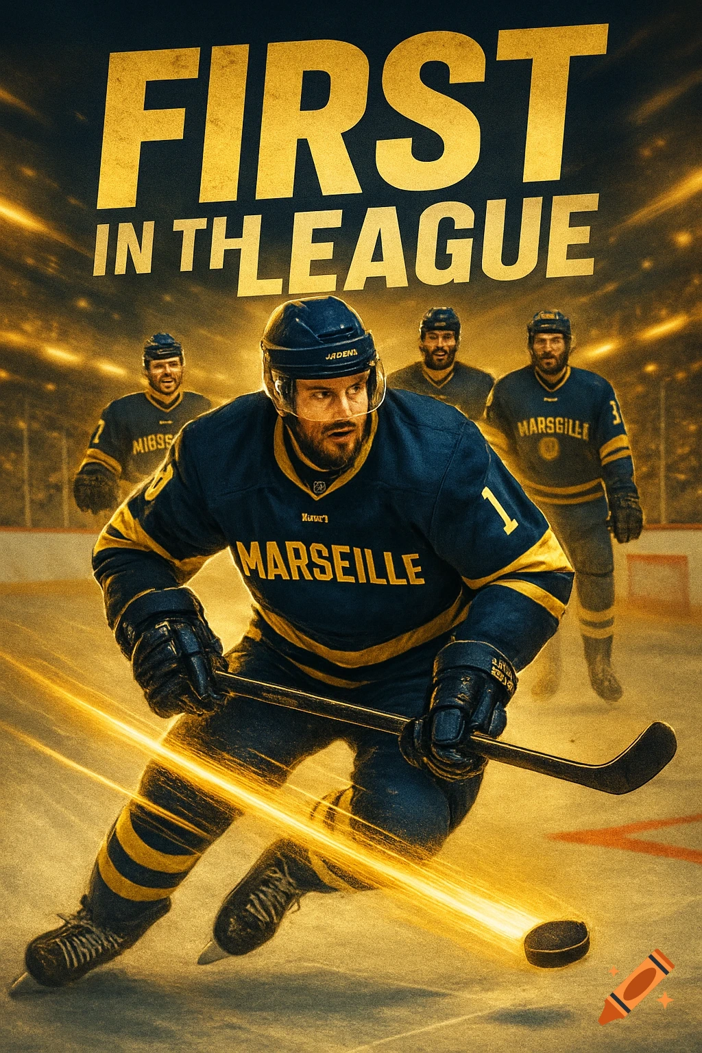 Dynamic poster-style image of a hockey player in a navy and gold uniform, labeled "MARSEILLE", skating with a puck, with teammates in the background under bright arena lights. Text overlay reads "FIRST IN THE LEAGUE".