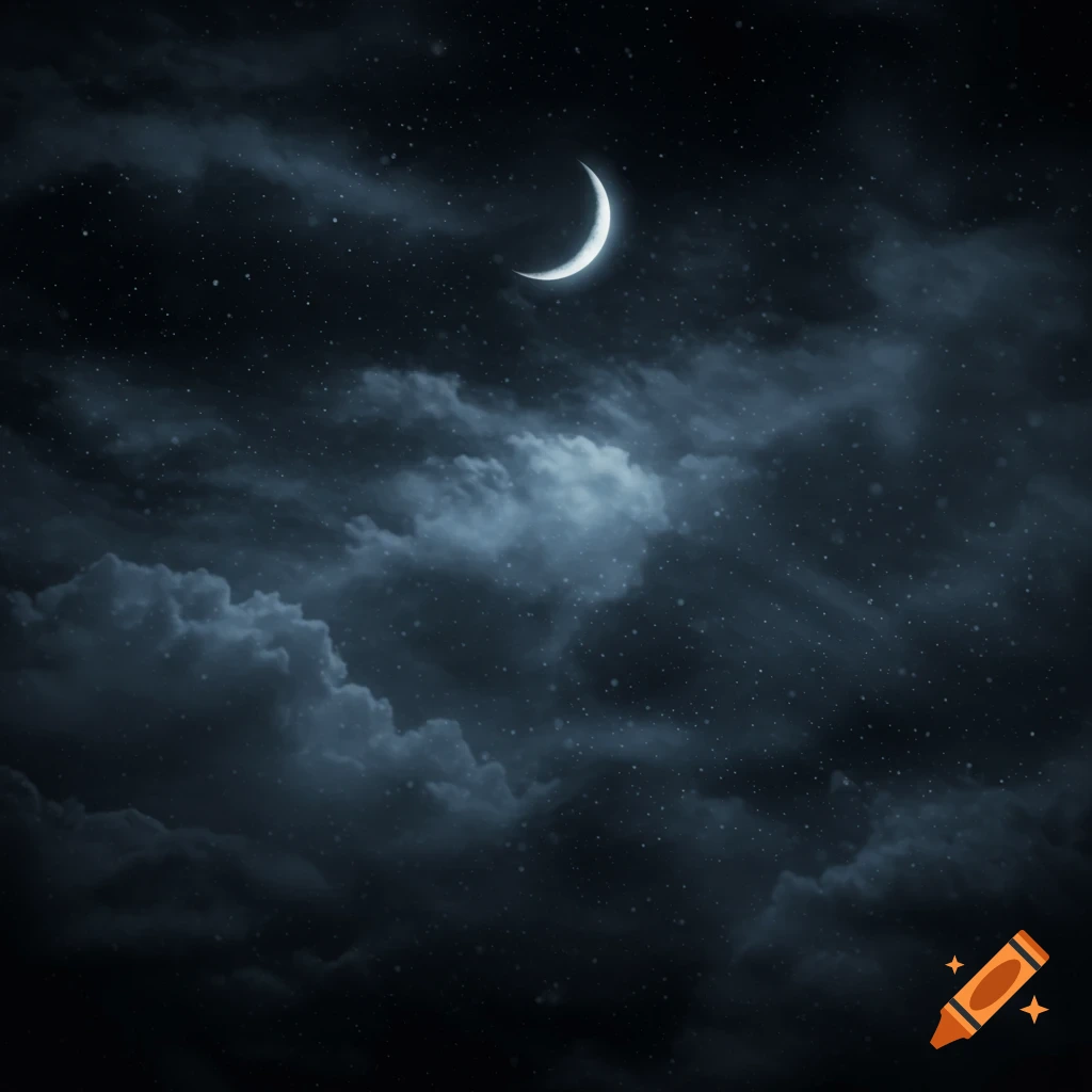 A stylized and somewhat out-of-focus dark night sky with a bright crescent moon amidst swirling, spooky clouds and many tiny stars.