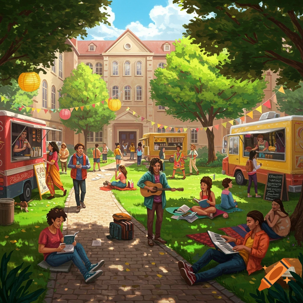 An illustration of a lively student day on a college campus lawn with food trucks, students reading, playing music, and socializing.