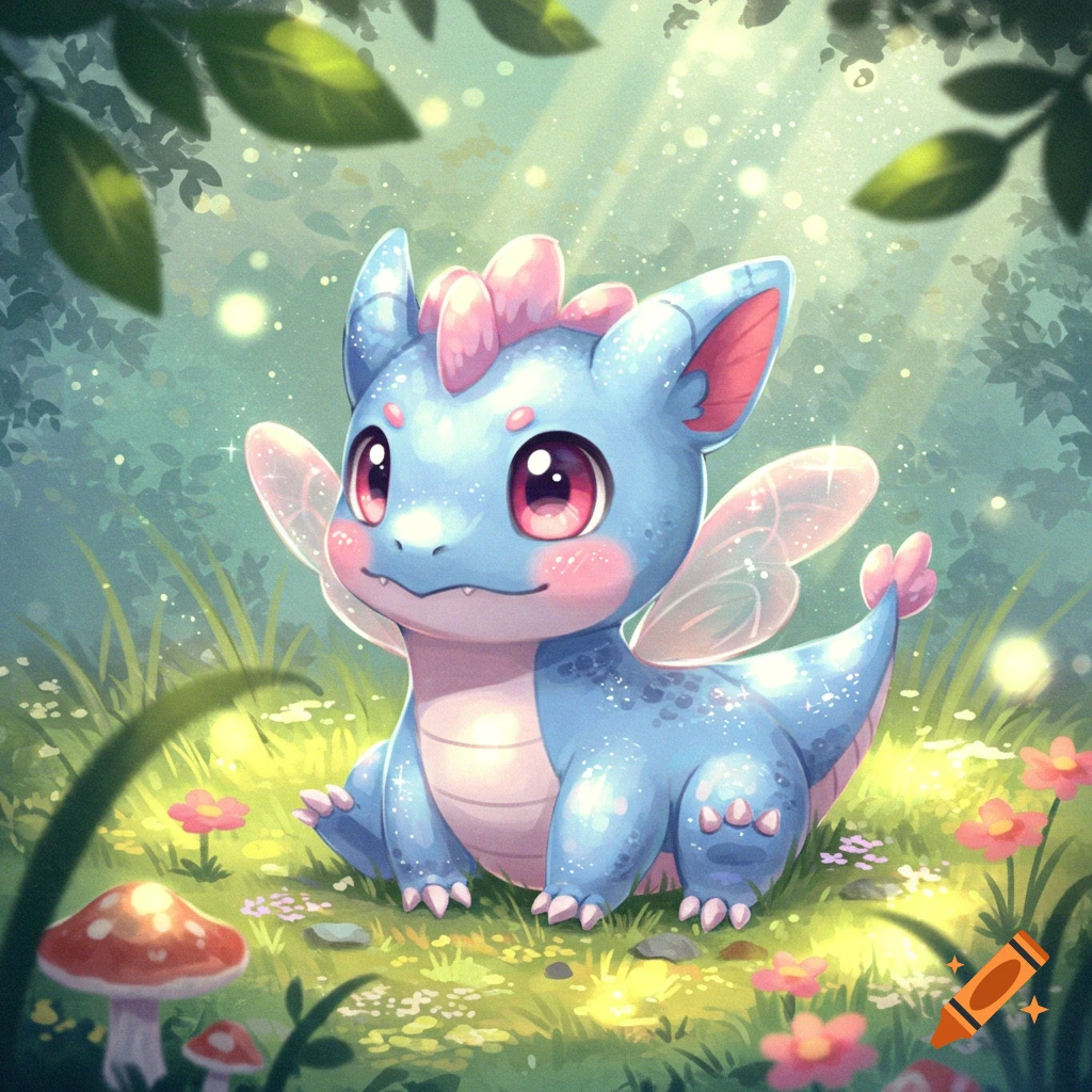 A cute light blue dragon with pink accents and small fairy wings sits in a lush, magical forest with mushrooms and glowing flora, in an animated style.