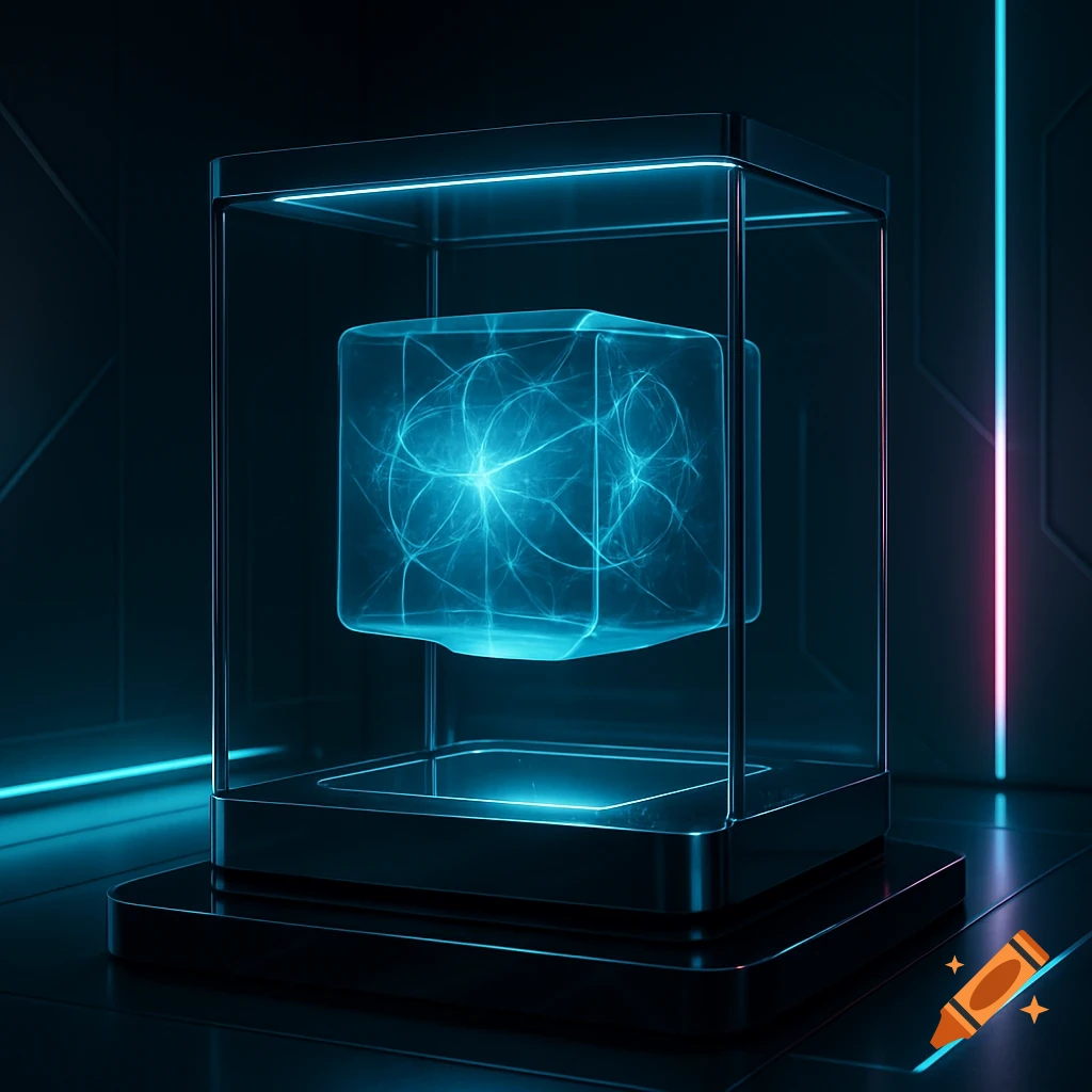 A glowing blue cube with internal energy patterns levitates inside a ...