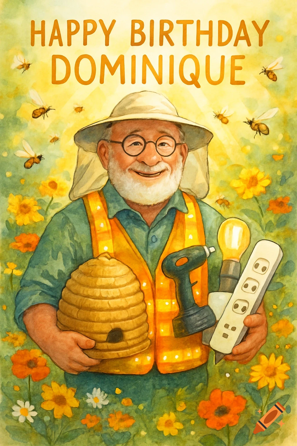 A smiling, bearded man in a beekeeper's hat and orange vest holds a beehive, drill, light bulb, and power strip, surrounded by flowers and bees. Text reads "HAPPY BIRTHDAY DOMINIQUE" in a watercolor illustration style.