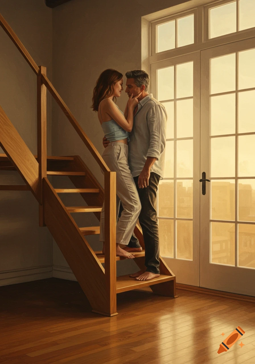 An ultra-realistic oil painting of a couple embracing on a wooden staircase in a modern loft, bathed in warm sunset light.