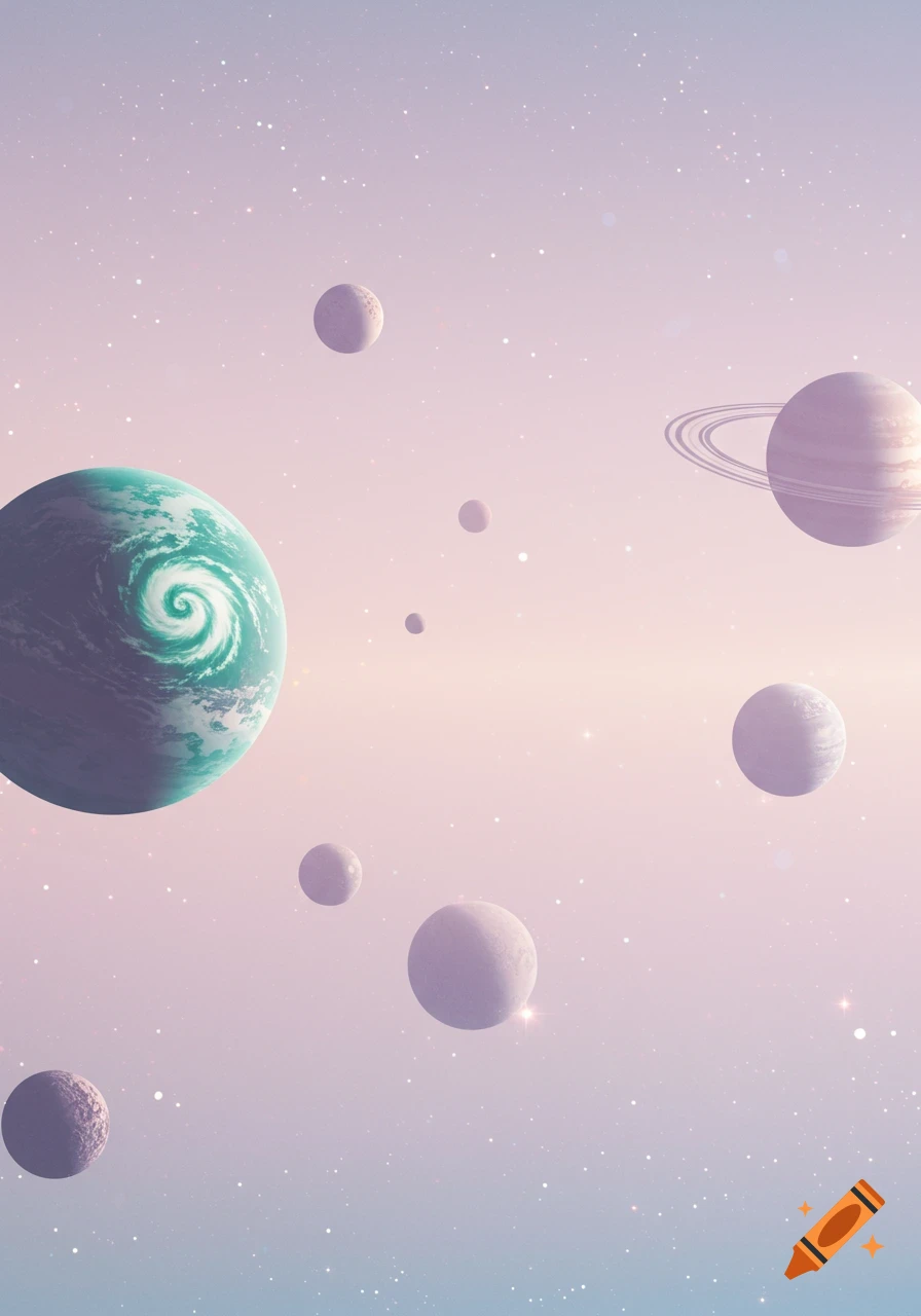 A serene pastel-colored space scene with planets and moons, including a swirling teal planet and a ringed planet, against a starry background.