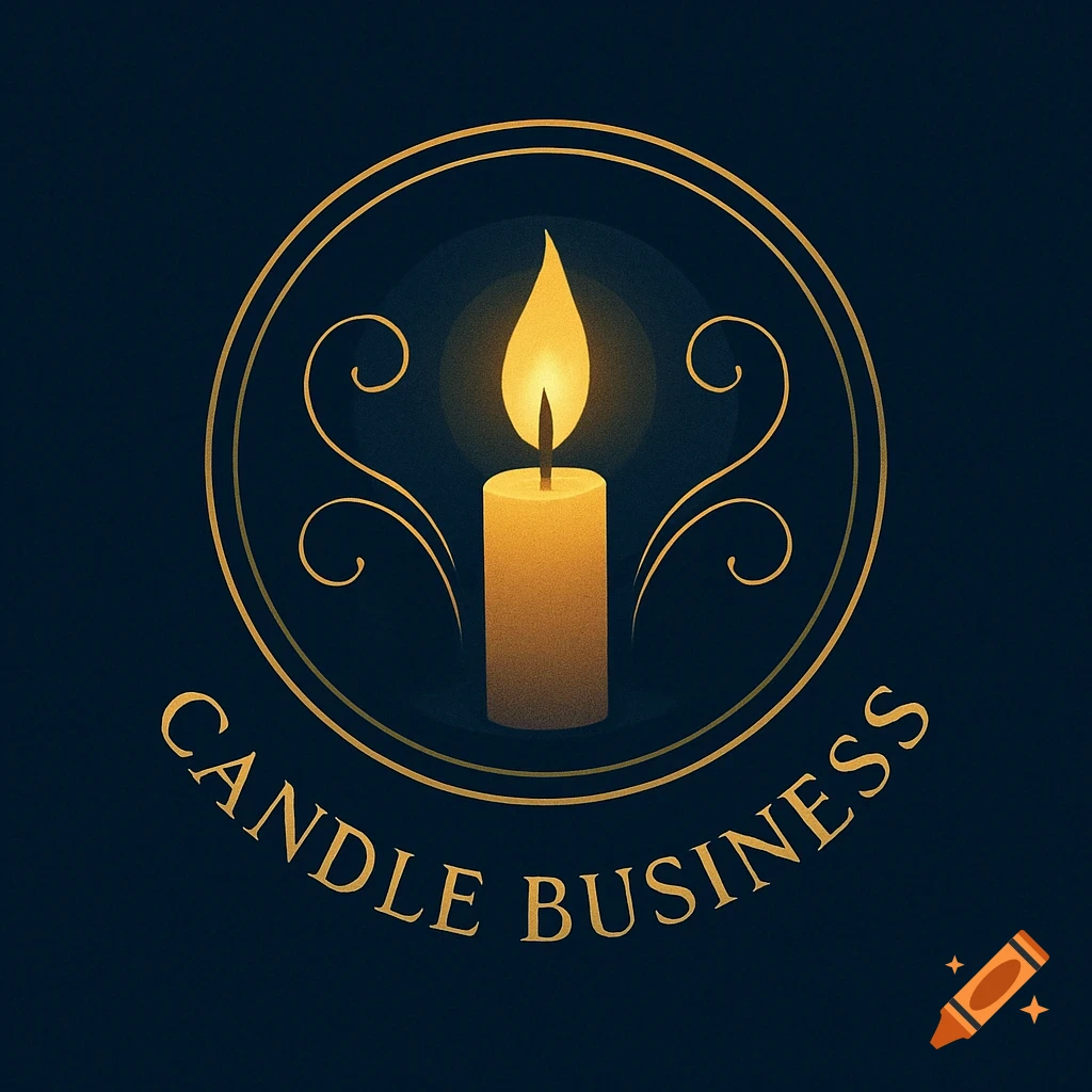A stylized golden logo featuring a lit candle within an ornate circular frame, with "CANDLE BUSINESS" text below, on a dark blue background.