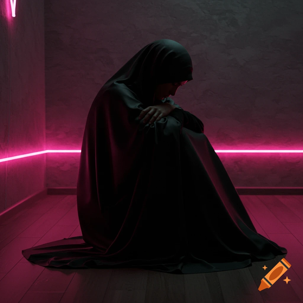 A somber figure in a black jilbab kneels on a dark floor with pink neon lights, head down in an emotional pose. Photorealistic.