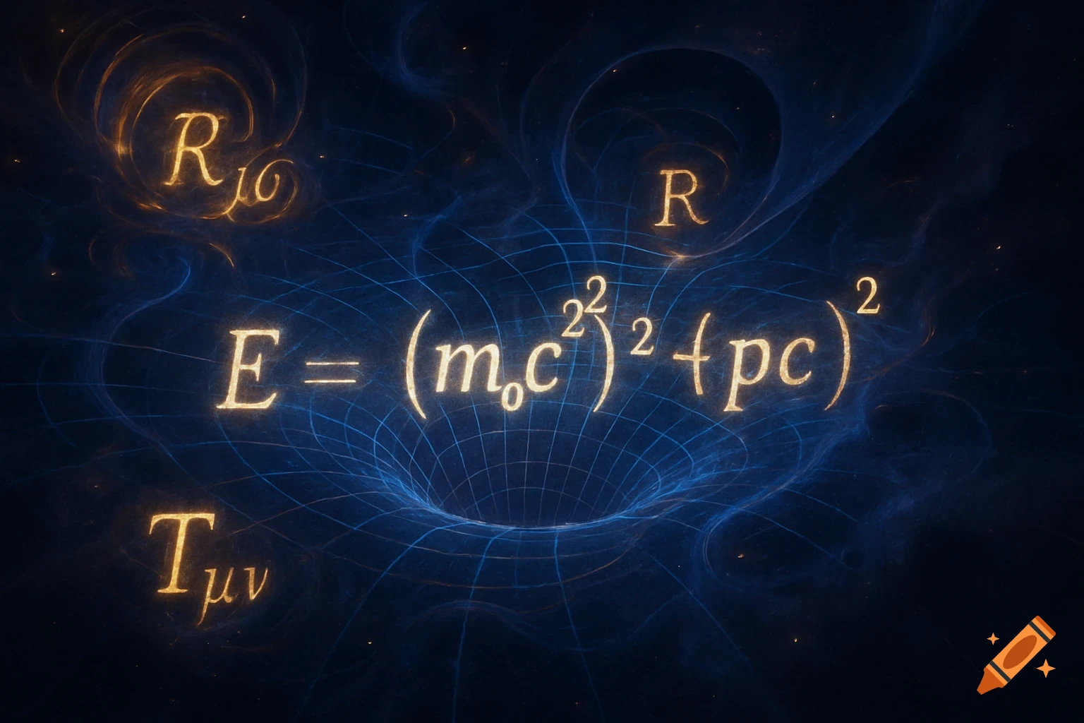 Glowing golden mathematical equations and symbols, including E=(m0c^2)^2+(pc)^2, R, Rμν, and Tμν, against a dark blue background with an abstract, warping spacetime grid leading into a singularity.