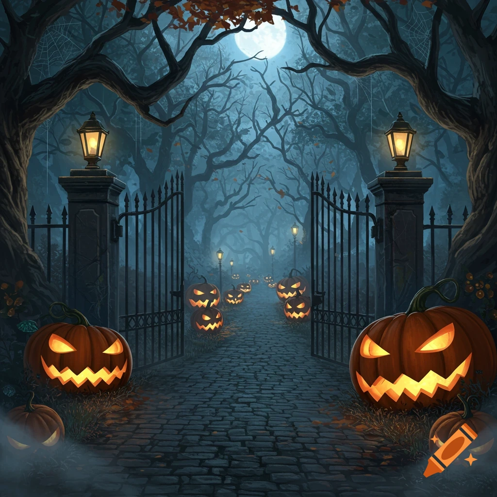 A spooky Halloween scene with a path lined with glowing jack-o'-lanterns leading through an open gate into a misty, moonlit forest.