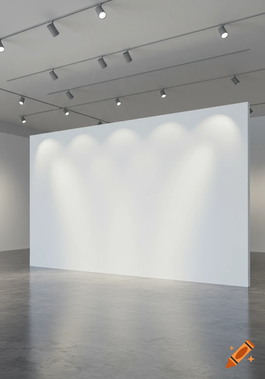 An empty modern art gallery with a large white wall illuminated by track lighting and a concrete floor.