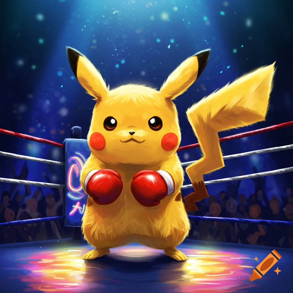 Pikachu wearing red boxing gloves stands in a boxing ring under spotlights, in a cartoon art style.