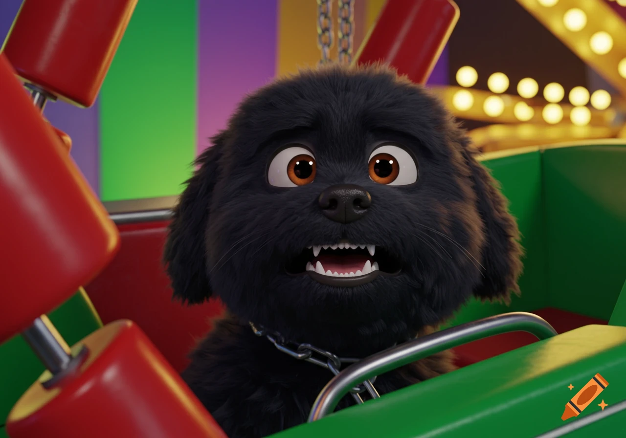 Close-up of a distressed black cartoon dog with large eyes in an amusement park ride.