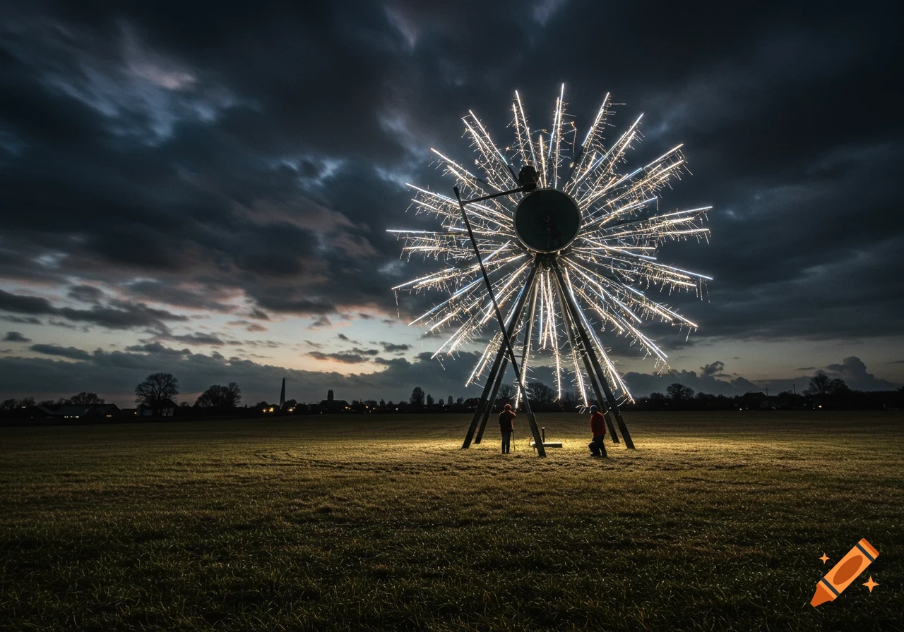 A large star-shaped light sculpture stands in a field under a dramatic, cloudy evening sky, with two small figures near its base.