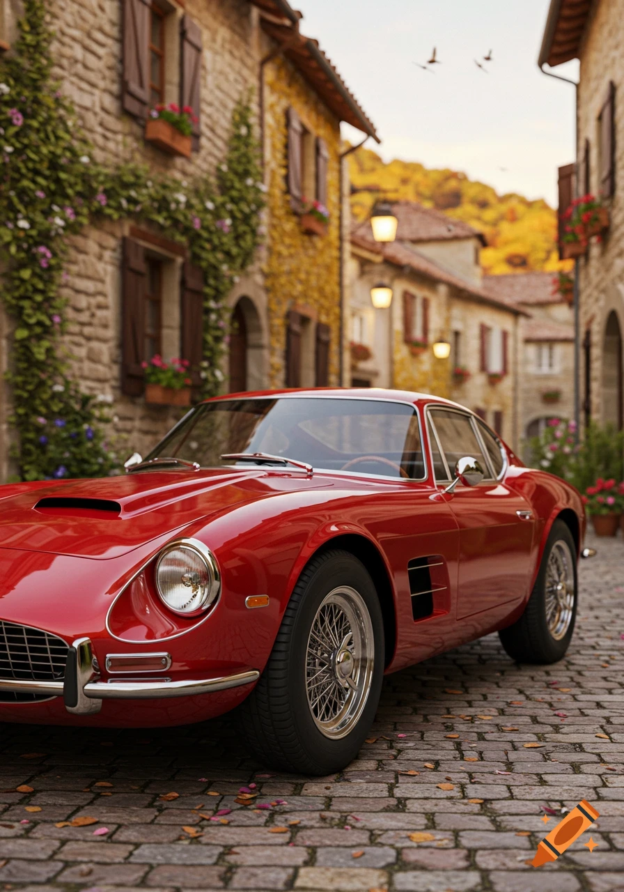 A bright red classic car on a cobblestone street, flanked by old stone buildings with ivy and flowers.