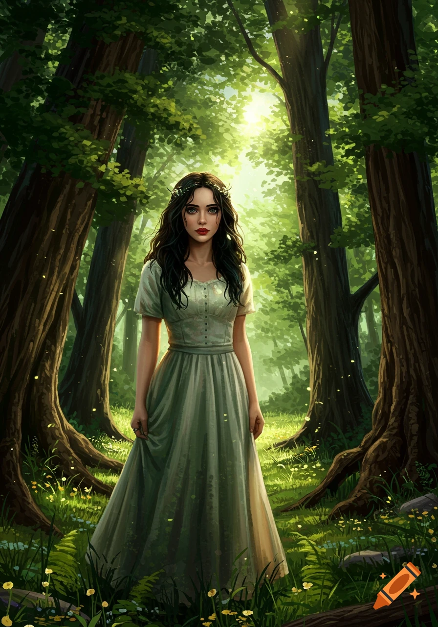 A woman with long dark hair and a light green dress stands in a sunlit ...