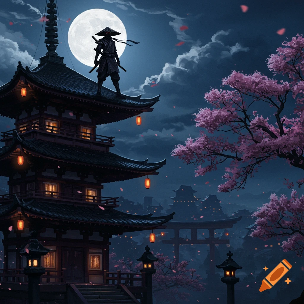 A solitary ninja stands atop a pagoda under a large full moon, with pink cherry blossom trees in a dark, atmospheric night scene.