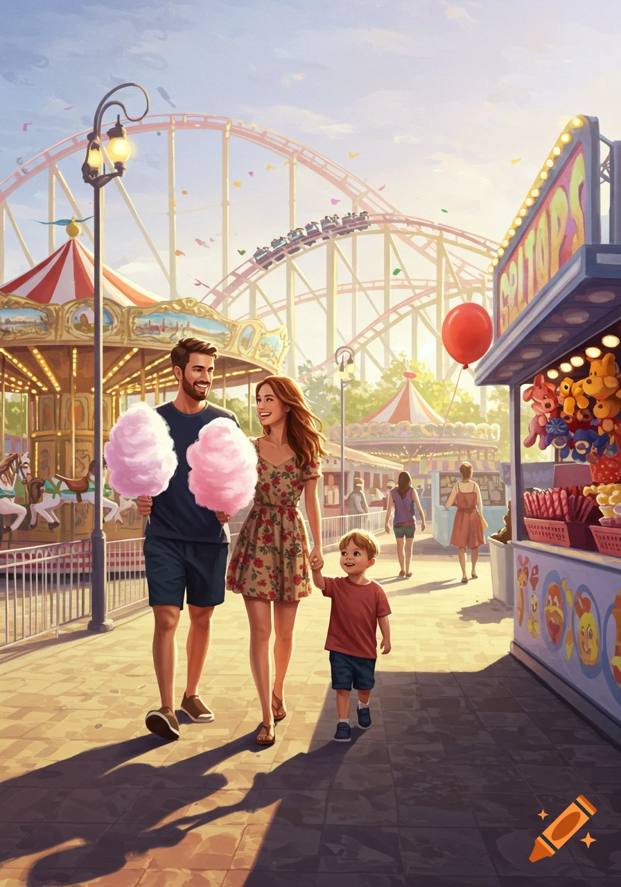 A family, a man, a woman, and a young boy, walk through a sunny amusement park, holding cotton candy. A roller coaster and carousel are in the background.