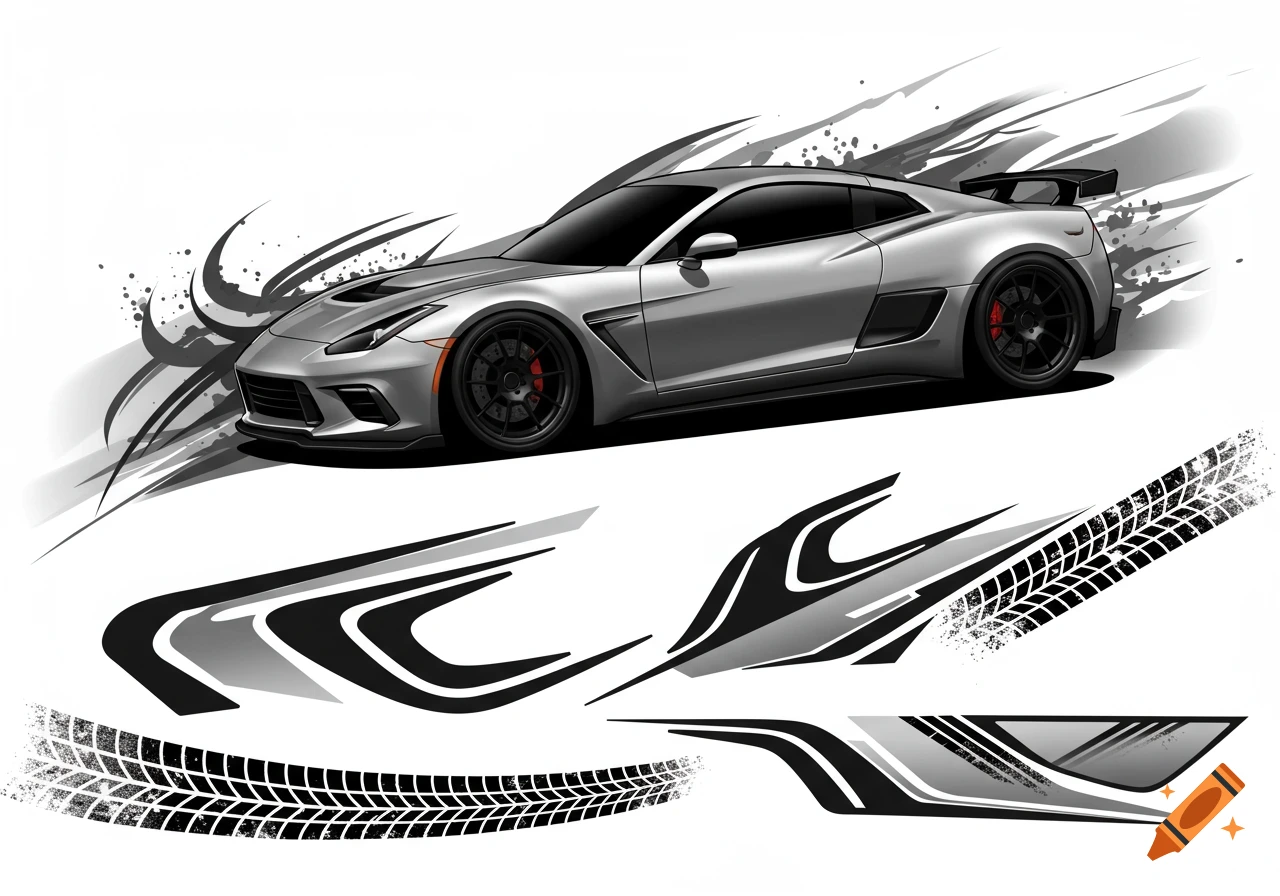 A silver sports car with dynamic black and grey graphic decals and tire track patterns on a white background in a vector art style.