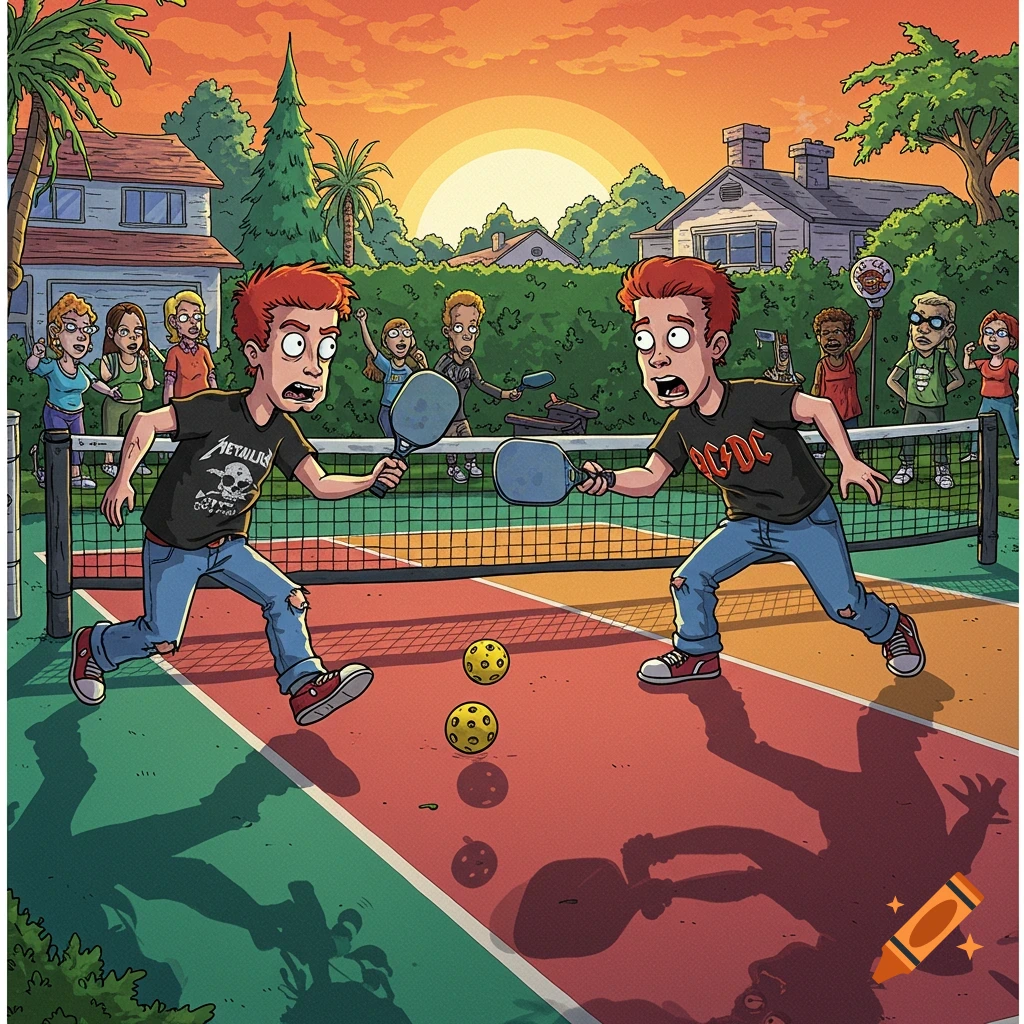 Two cartoon characters resembling Beavis and Butthead intensely playing pickleball on an outdoor court at sunset, with other characters watching in the background.