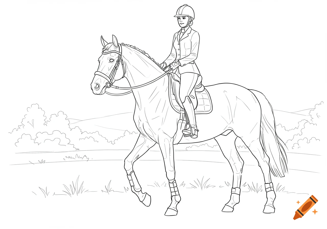 Line art drawing of a female equestrian riding a horse with hills and bushes in the background.