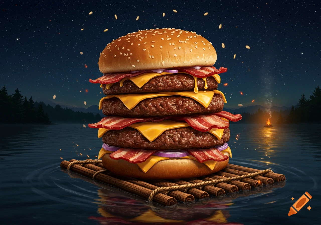 A photorealistic triple bacon cheeseburger on a wooden raft floating in a lake at night under a starry sky, with a distant campfire.