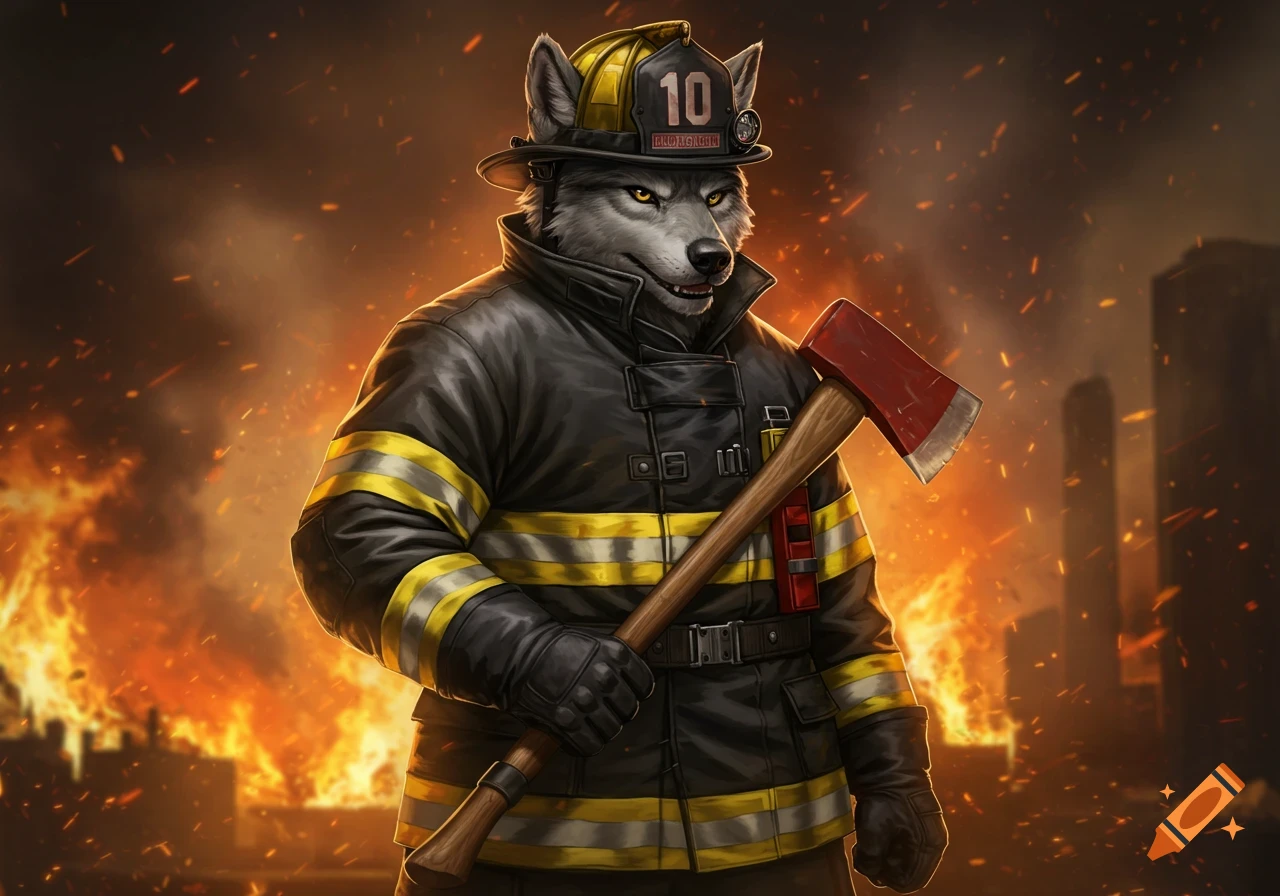 A strong anthropomorphic wolf firefighter in a yellow and black uniform holds an axe against a burning city backdrop, digital art.