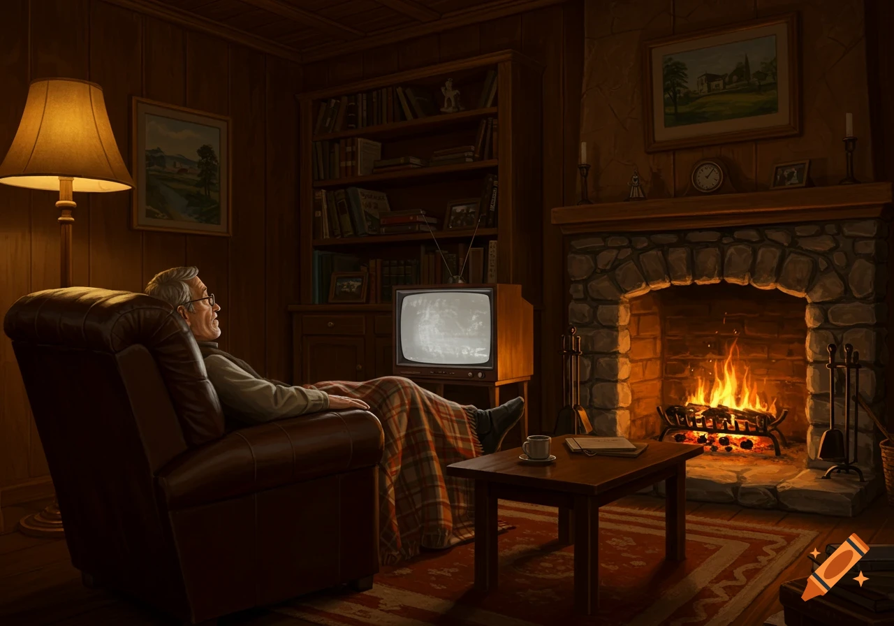 An older man relaxes in a brown recliner by a glowing fireplace, watching a static-filled old television in a cozy, wood-paneled room.