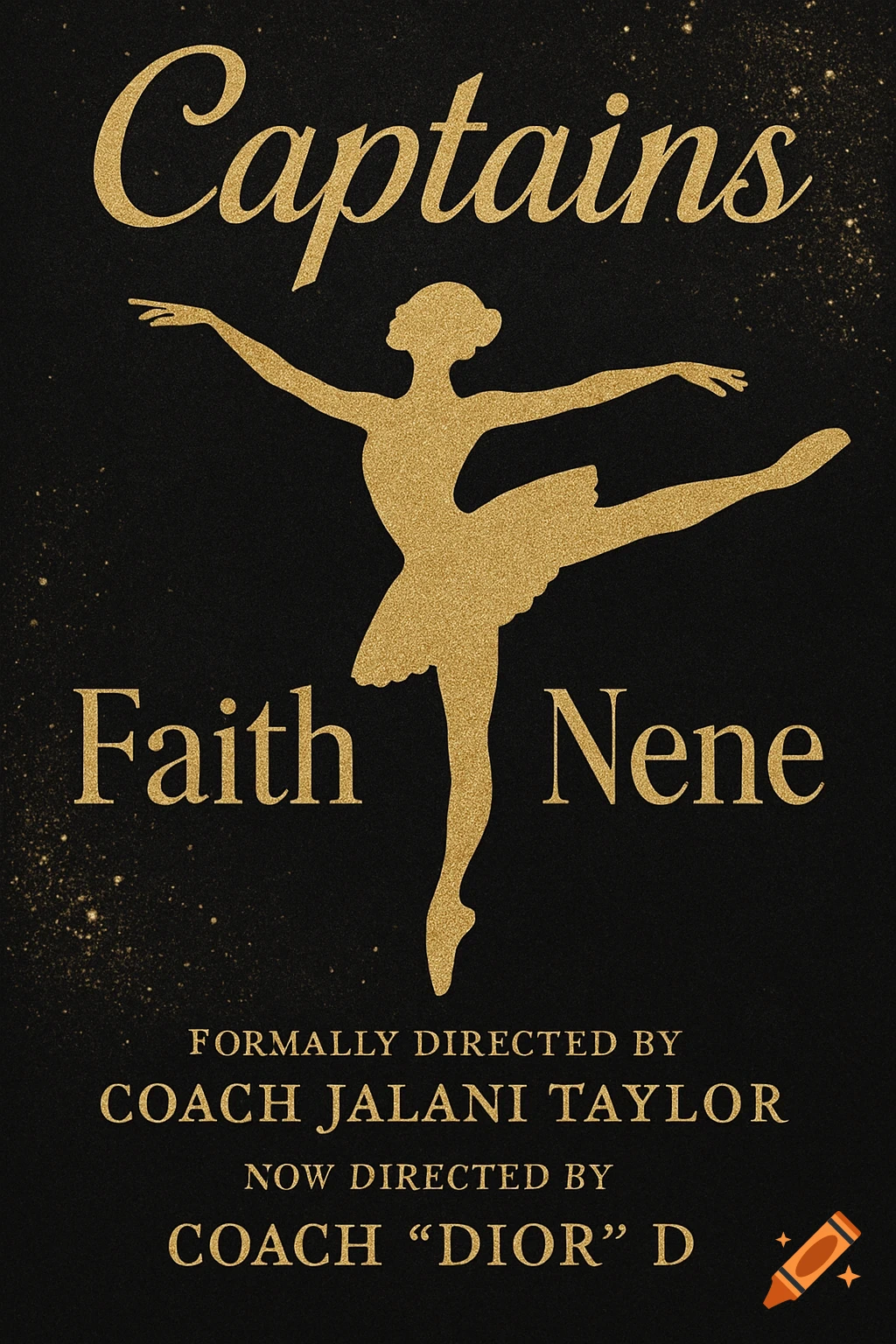 A gold glittery silhouette of a ballet dancer on a black background, with gold text reading 'Captains', 'Faith Nene', and director credits.