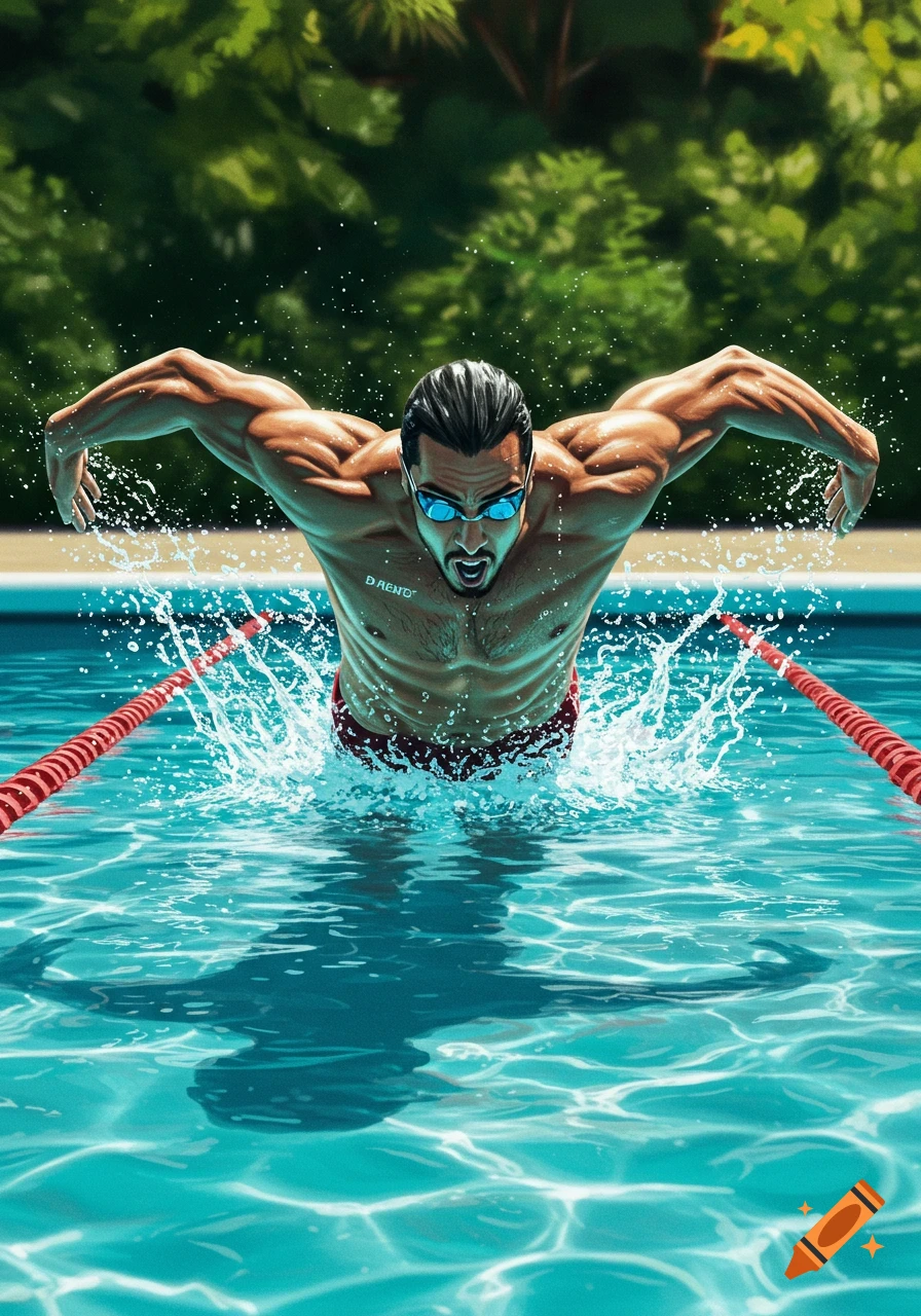 A muscular male swimmer in blue goggles and red trunks bursts powerfully out of a pool with splashing water, set against a green, leafy background in an illustrative style.