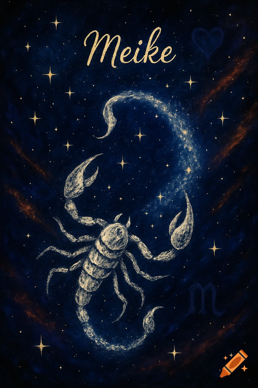 A mystical digital art image showing a stylized scorpion as a constellation in a dark blue and gold starry cosmic background with the name 'Meike'.