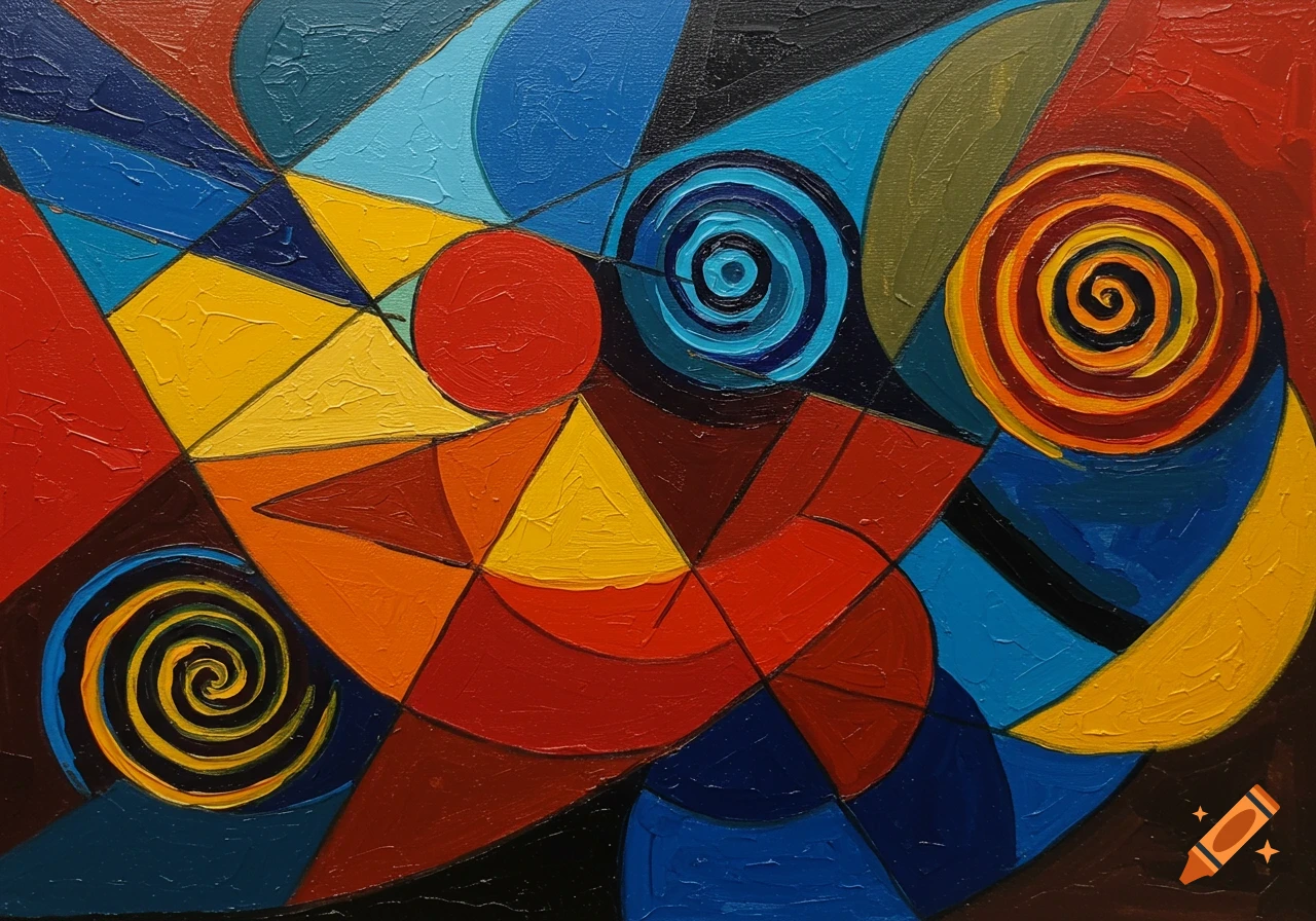 Abstract oil painting with vibrant geometric shapes, including triangles, circles, and spirals, in red, blue, and yellow.