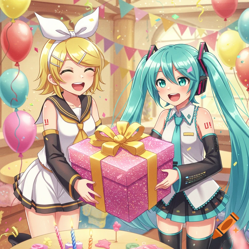 Two smiling anime girls, Kagamine Rin and Hatsune Miku, are at a birthday party, holding a large sparkly pink gift box with a gold ribbon. Balloons and confetti fill the background.