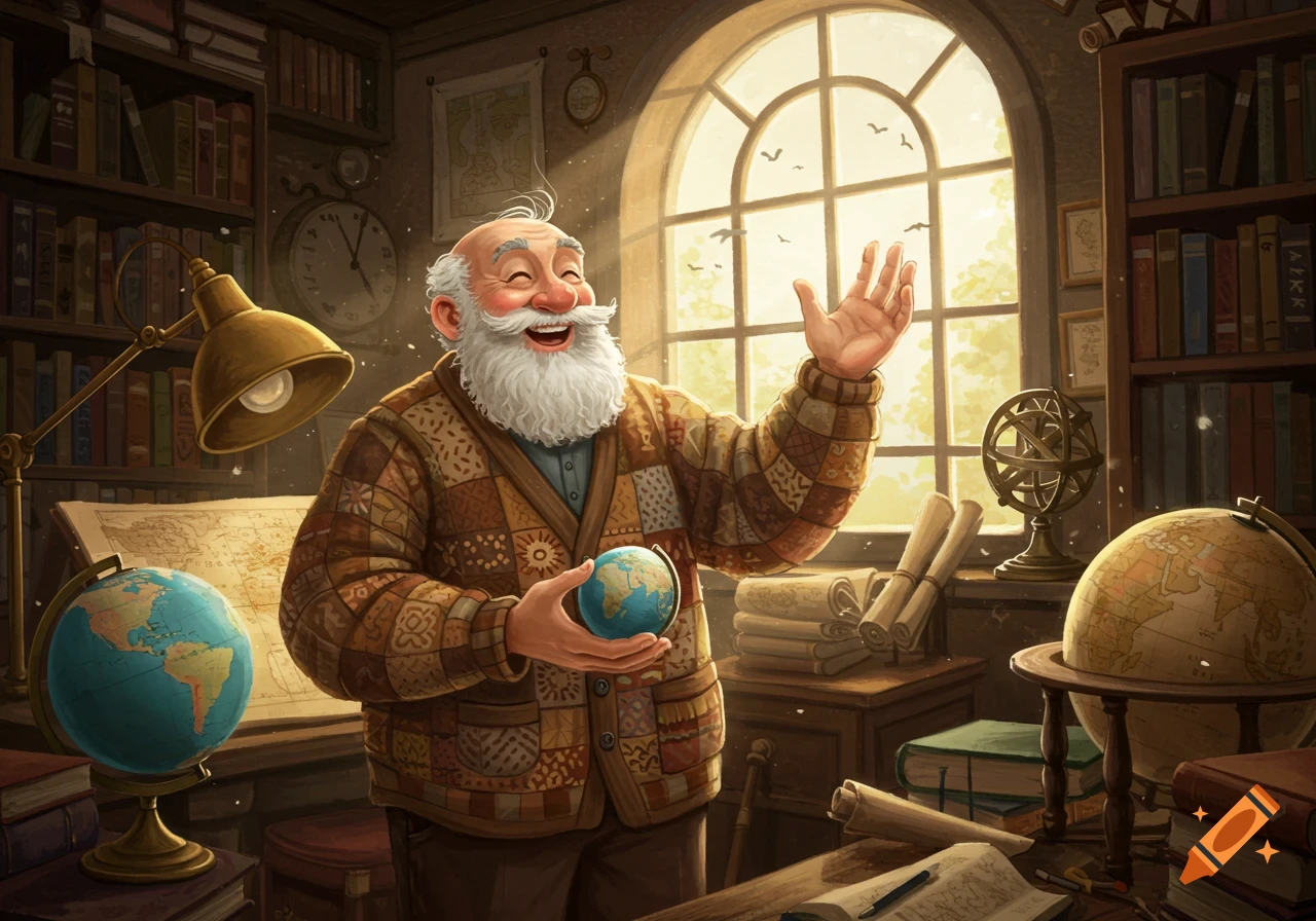 A happy elderly man with a white beard in a cozy study, holding a small globe and waving, with bookshelves and maps.