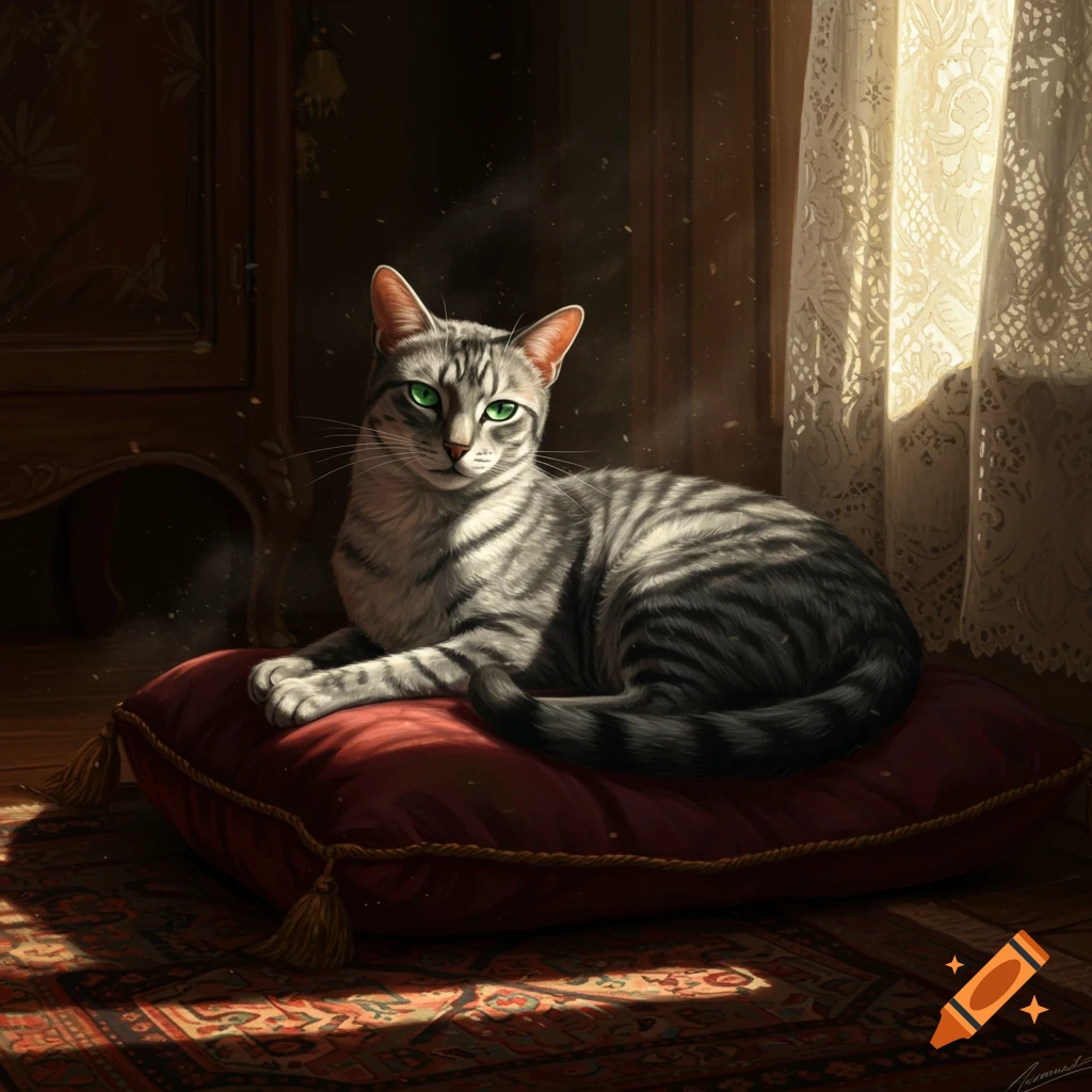 A realistic grey tabby cat with green eyes lies on a red pillow by a sunlit window with lace curtains.