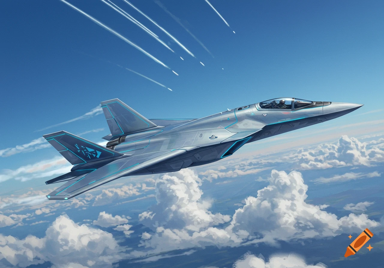Iconic Grey Jet A sleek, futuristic gray jet fighter with blue glowing accents flies ...