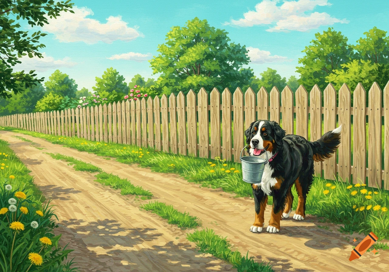 Painterly image of a Bernese Mountain Dog carrying a bucket, walking on a dirt path beside a wooden fence with dandelions and trees.