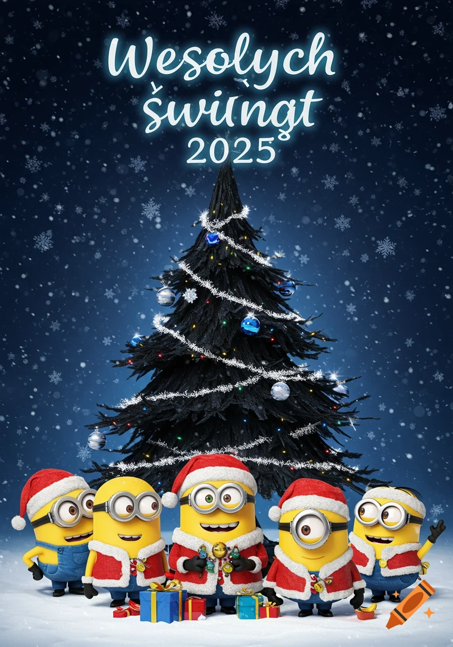 Five Minions in Santa outfits in front of a black Christmas tree with falling snow and text 'Wesołych Świąt 2025'.