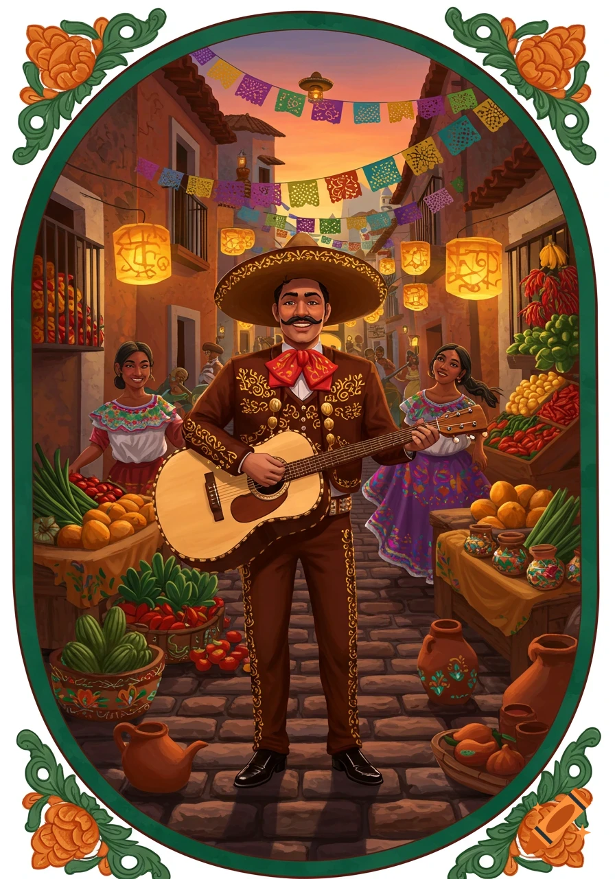 An illustration of a mariachi playing guitar in a bustling Mexican street market with colorful papel picado, lanterns, and produce stalls.