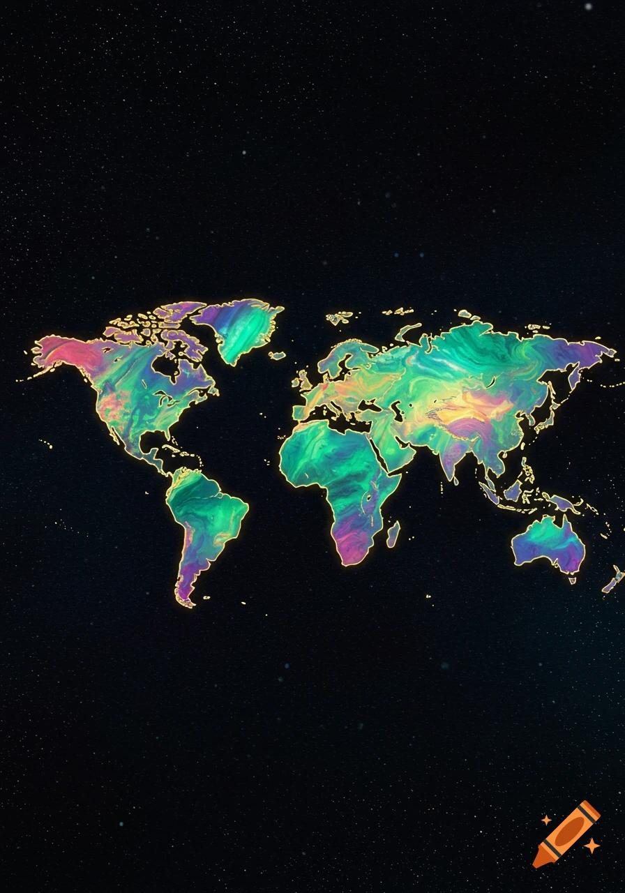 A vibrant, colorful world map with swirling green, purple, and pink patterns, outlined in gold, against a dark starry background.