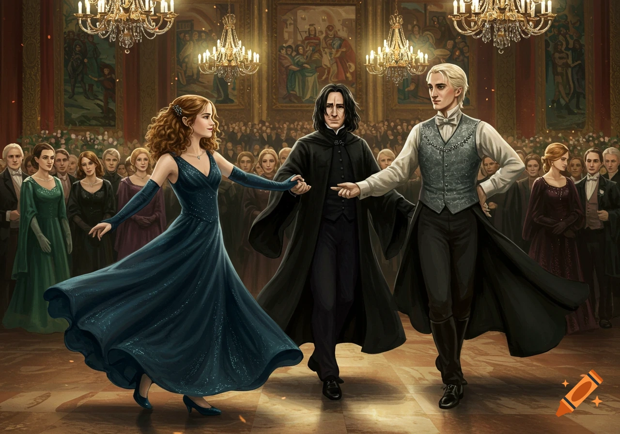 Hermione Granger, Severus Snape, and Draco Malfoy dancing in a grand, chandelier-lit ballroom, fantasy illustration.