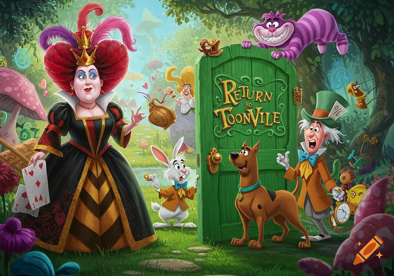 The Queen of Hearts, Mad Hatter, White Rabbit, Cheshire Cat, and Scooby-Doo in a whimsical forest near a green door that says 'Return to ToonVille'.