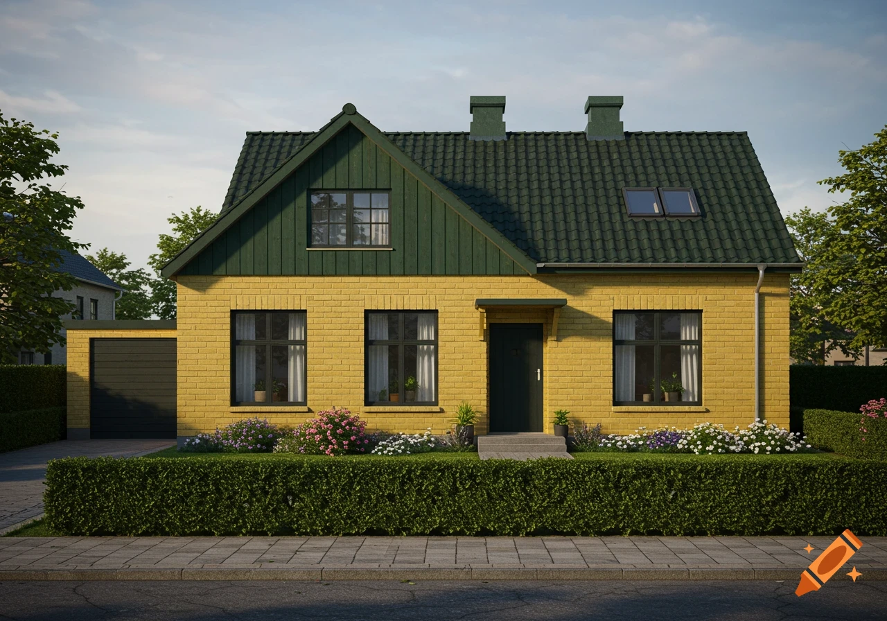 A photorealistic yellow brick house with a dark green roof and gable, surrounded by a neatly trimmed hedge and flower beds, under soft daylight.